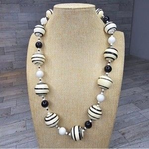 Vintage Paper Mache White and Black Beaded Necklace Stamped Japan 27"L
